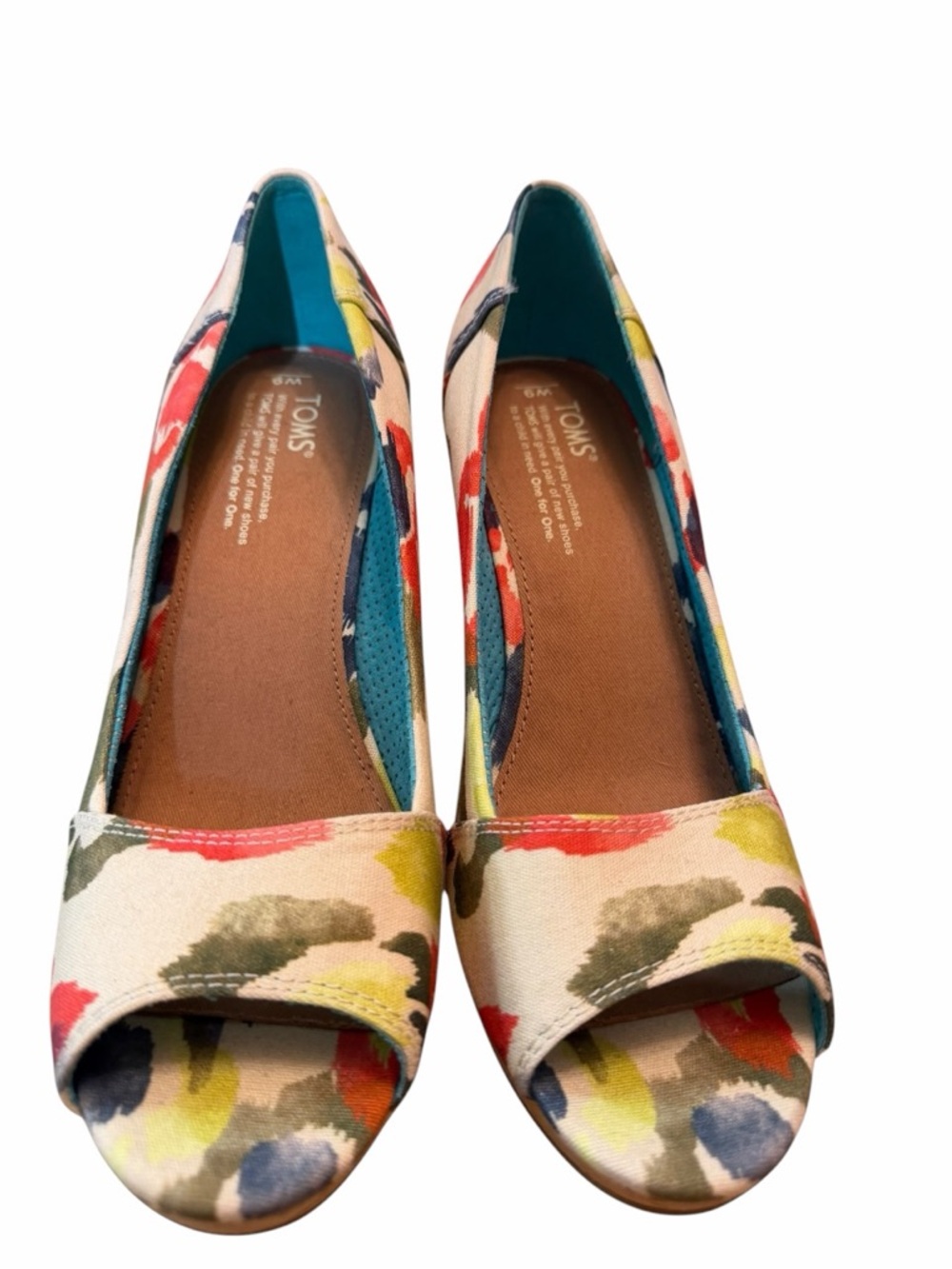 Bohemian Cottagecore Floral TOMS Cork Wedge Peep Toe Heels Size 9 - Picture 7 of 9